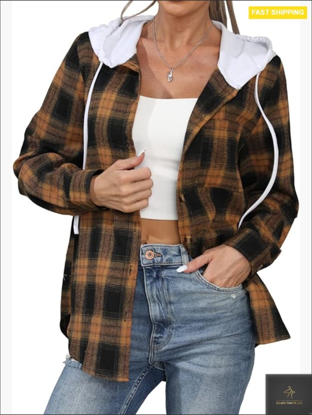 Plaid Buffalo Button Down Hoodie Drawstring Long Sleeve Casual Jacket Tunic Top
